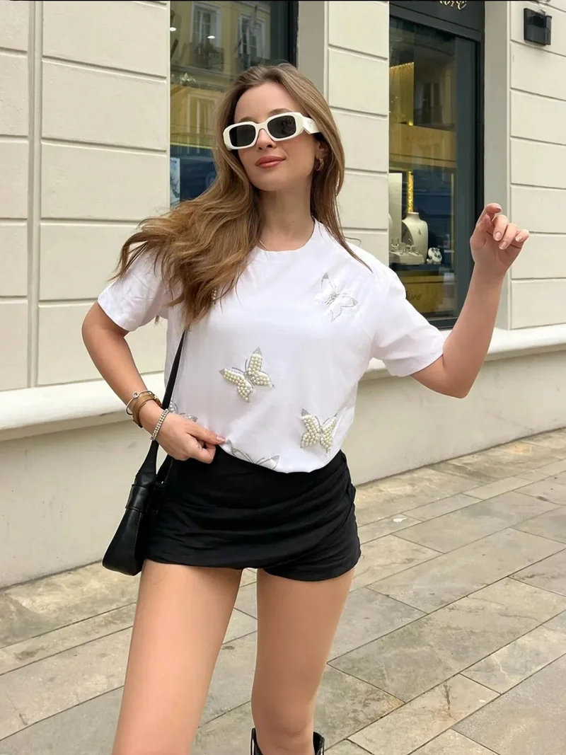 Bianco Lucci White LUCCI Embroidered Crew Neck T-Shirt for Women | Best Price UAE